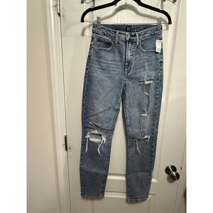 GAP Women's High Rise Cigarette Destructed Mom Jeans Blue Wash Size 2 26